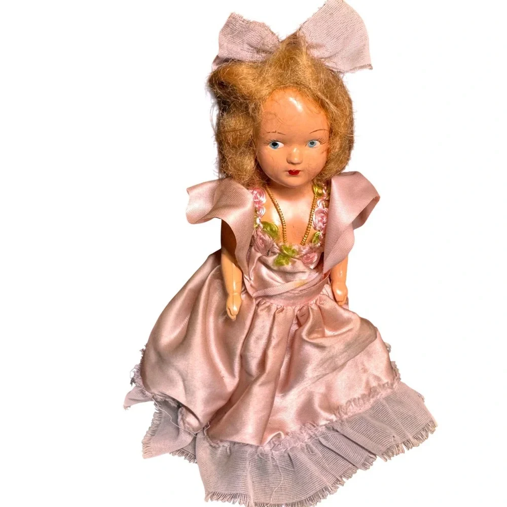 Vintage Composition Doll Pink Satin‎ Gown Floral Embroidery 7.5 Inch Blue Eyes